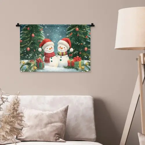 Sneeuwpop - Kerstsneeuw - Groen - Rood Wandkleed katoen klein -sfeer4