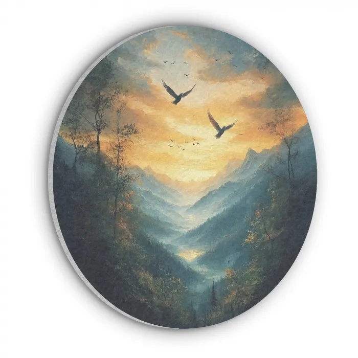 Vogels - Zon - Bomen - Groen Akoestische PET Vilt - Rond klein -3d