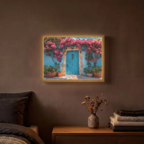 Deur - Hout - Bloemen - Blauw Light Box met batterij (Wandlamp) middel -sfeer4