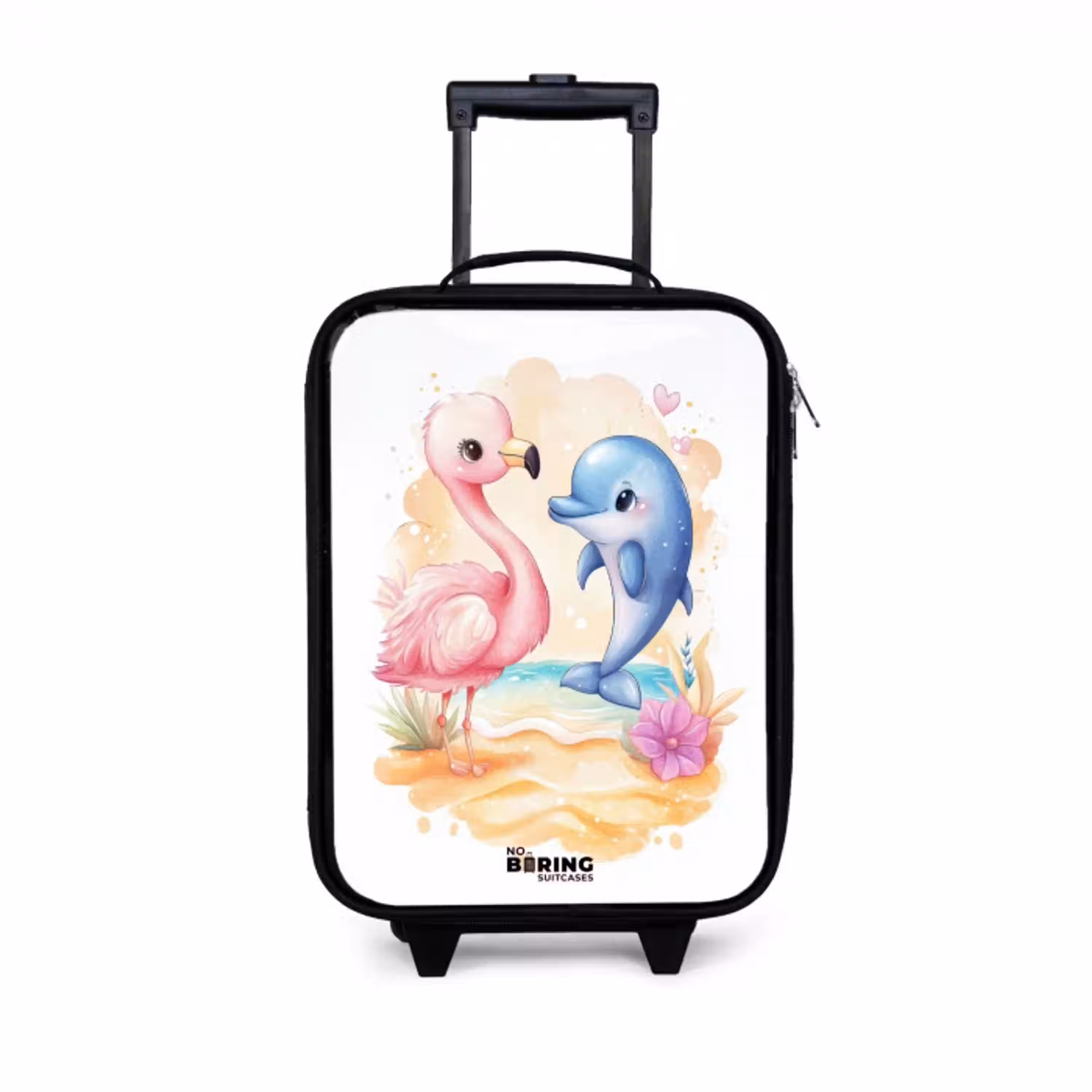 Roze flamingo en blauwe dolfijn op een strand Kinderkoffer - Zwart klein -3d