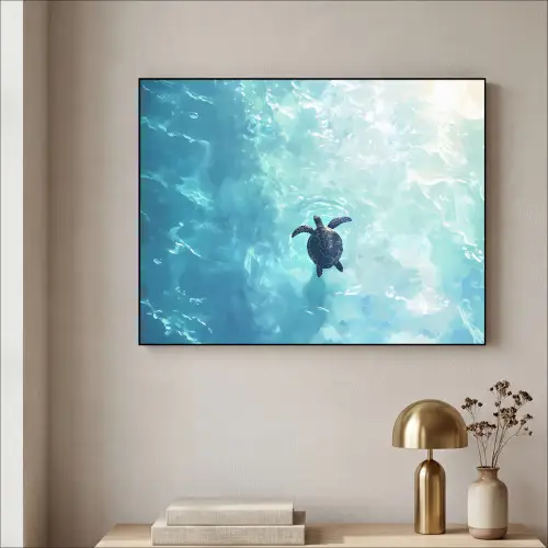 Schildpad - Zee - Blauw - Schittering Textielframe zwart klein -sfeer2