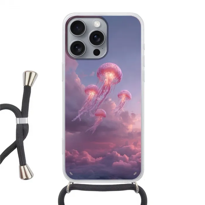 Kwallen - Roze - Wolken Hoesje iPhone 16 Pro Max met koord klein -3d