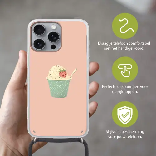 Bakje - Ijs - Aardbei - Roze Hoesje iPhone 16 Pro Max met koord klein -sfeer2_NL