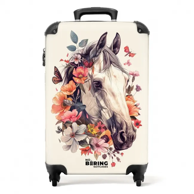 Wit paardenhoofd omringd door bloemen en vlinders Koffer - NBS - Handbagage middel -productfoto_recht