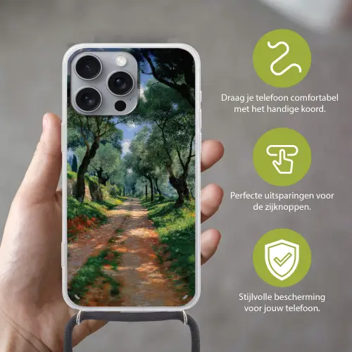 Pad - Bomen - Schaduw - Hoesje iPhone 16 Pro Max met koord klein -sfeer2_NL