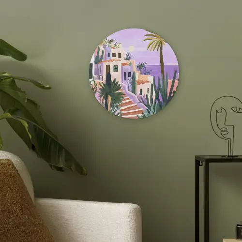 Huizen - Minimalistisch - Palmbomen - Kust Akoestische PET Vilt - Rond klein -sfeer2