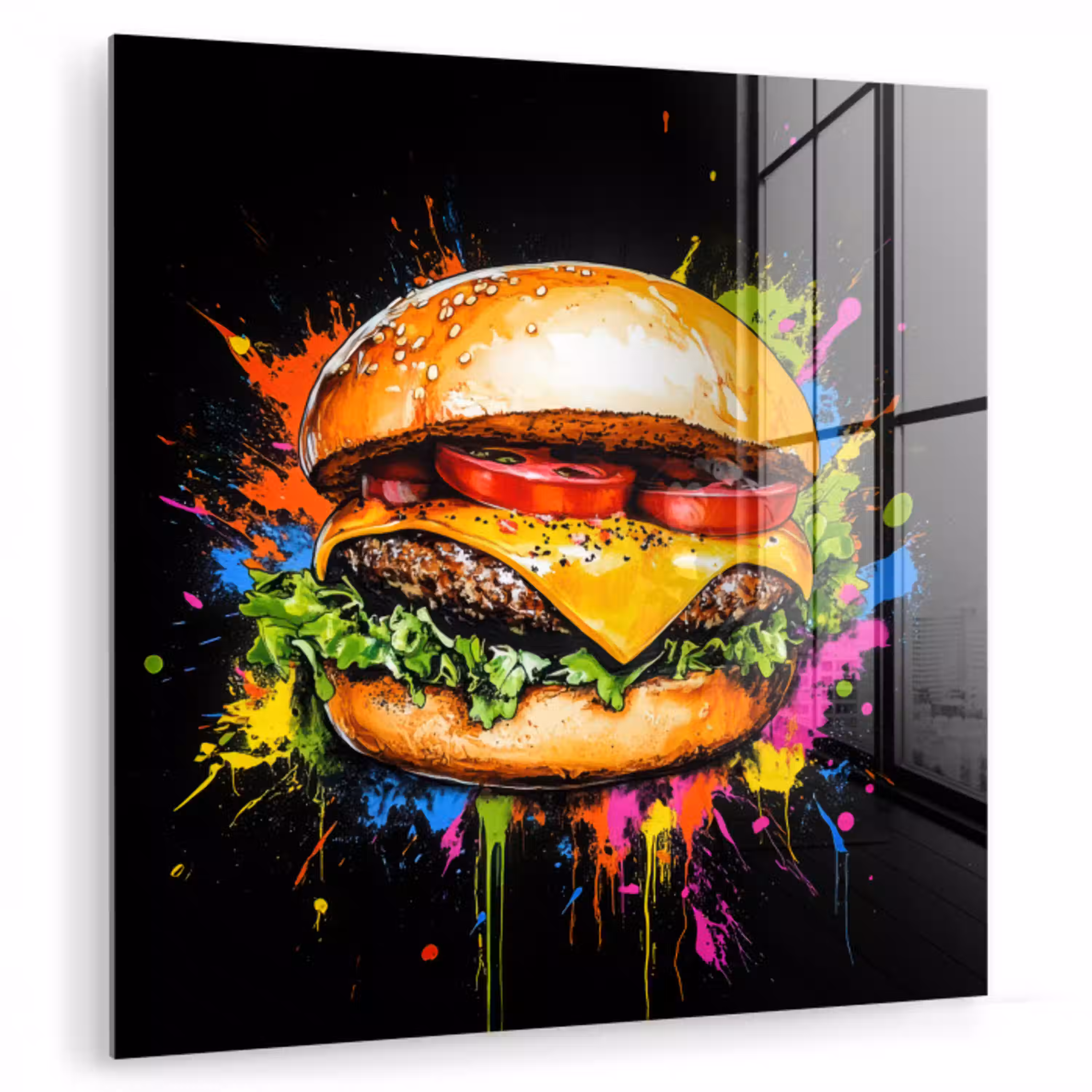 Hamburger - Graffiti - Verf - Kleurrijk - Eten - Abstract plexiglas 5mm klein -zzzproduct_nieuw