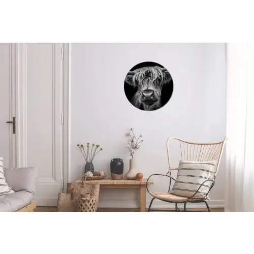 Schotse Hooglander - Horens - Zwart - Wit - Koe - Wild - Dieren Wandcirkel aluminium klein -woonkamer