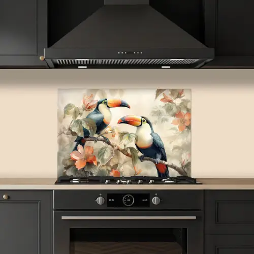 Toekan - Vogels - Bloemen - Tak keuken achterwand spatscherm klein -sfeer1