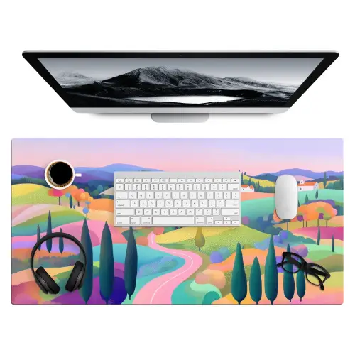 Landschap - Paars - Pastel - Huizen Muismat XXL klein -3d