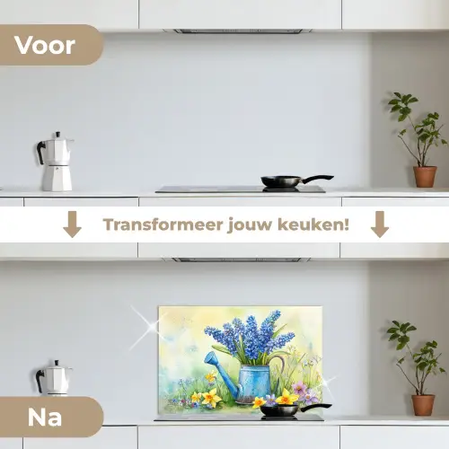 Gieter - Lavendel - Bloesems keuken achterwand spatscherm klein -voor_na_NL