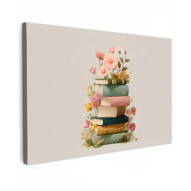 Boeken - Stapel - Bloemen - Kleurrijk canvas 2cm klein -z3d