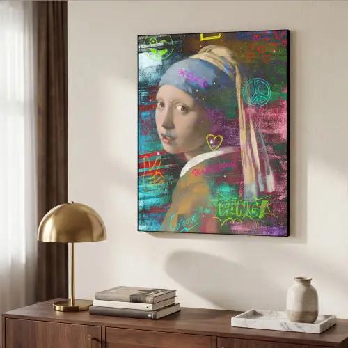 Meisje met de parel - Johannes Vermeer - Neon Textielframe zwart klein -sfeer3