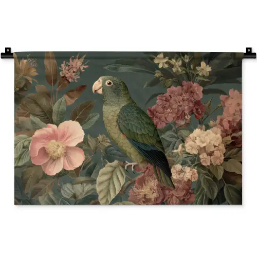 Groene papegaai - Kleurrijke bloemen - Donkere achtergrond Wandkleed katoen klein -zz3d