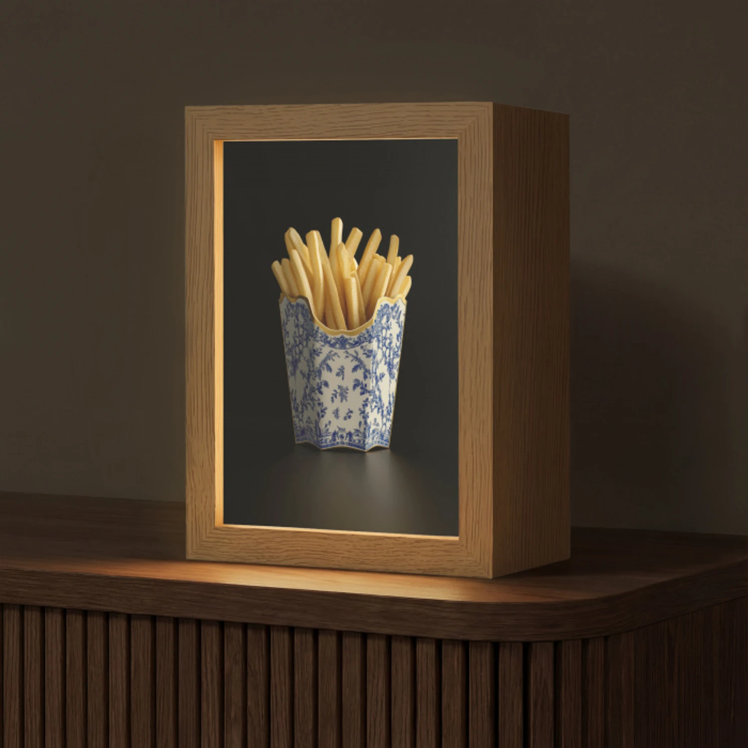 Friet - Porselein - Delfts blauw - Eten Light Box met kabel (Tafellamp) klein -z3d_website