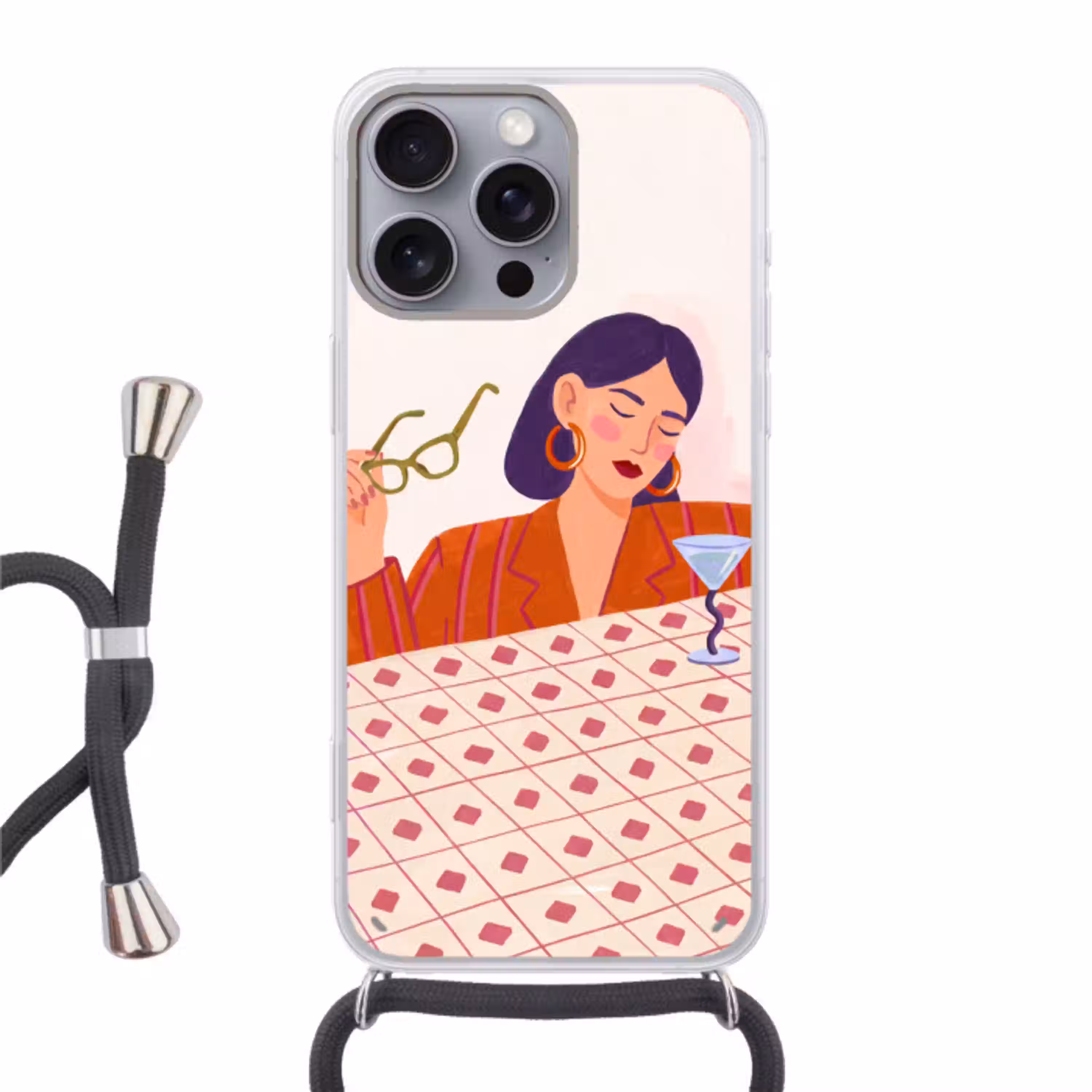 Vrouw - Bril - Cocktail - Illustratie - Modern Hoesje iPhone 16 Pro Max met koord klein -3d