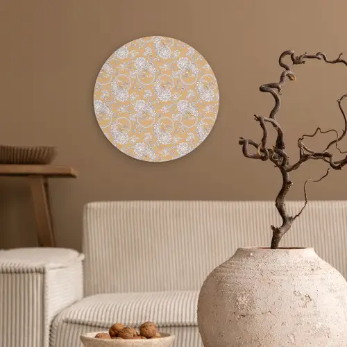 Paisleymotief - Wit - Bloemen - Geel Wandcirkel kunststof plaat 5mm dik klein 188 -sfeer1