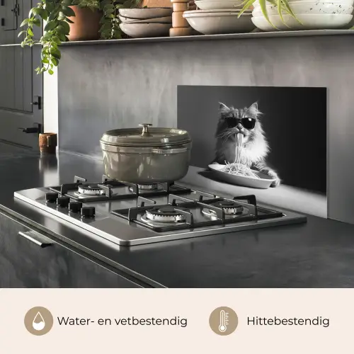 Langharige kat - Zonnebril - Spaghetti - Humor - Zwart - wit keuken achterwand spatscherm klein -usp_NL