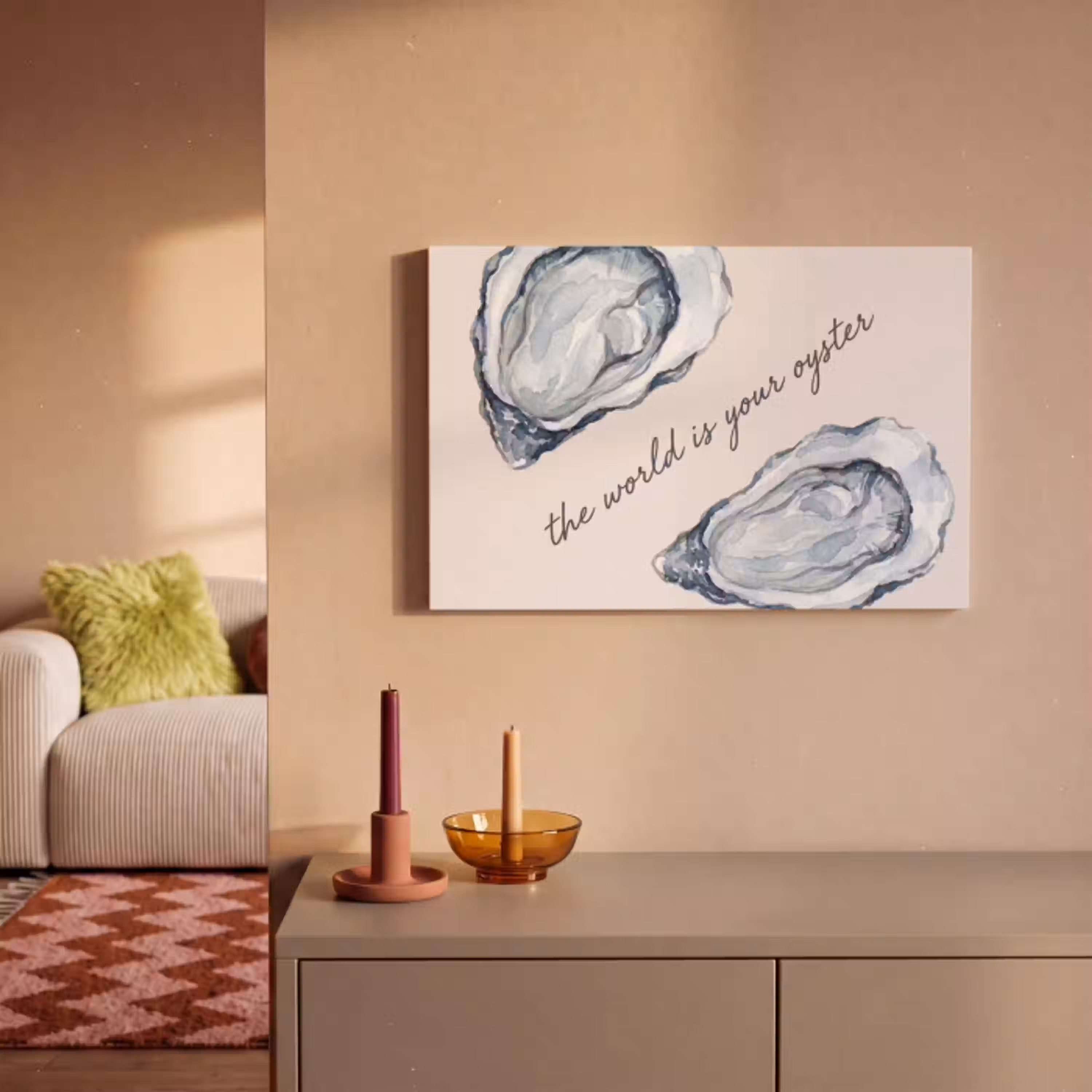 Zeeleven - Oester - Aquarel - Minimalistisch - Blauw canvas 2cm klein -sfeer1