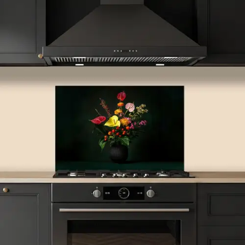 Bloemen - Vaas - Zwart keuken achterwand spatscherm klein -sfeer1