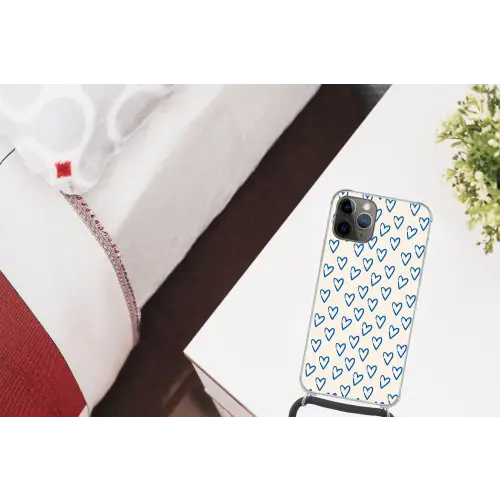 Hartjes patroon - Blauw - Beige - Liefde Hoesje iPhone 12 Pro met koord klein -kamer