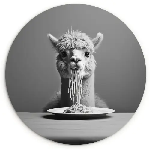 Alpaca - Pasta - Zwart - Wit - Grappig - Dieren Wandcirkel kunststof plaat 5mm dik klein -3d
