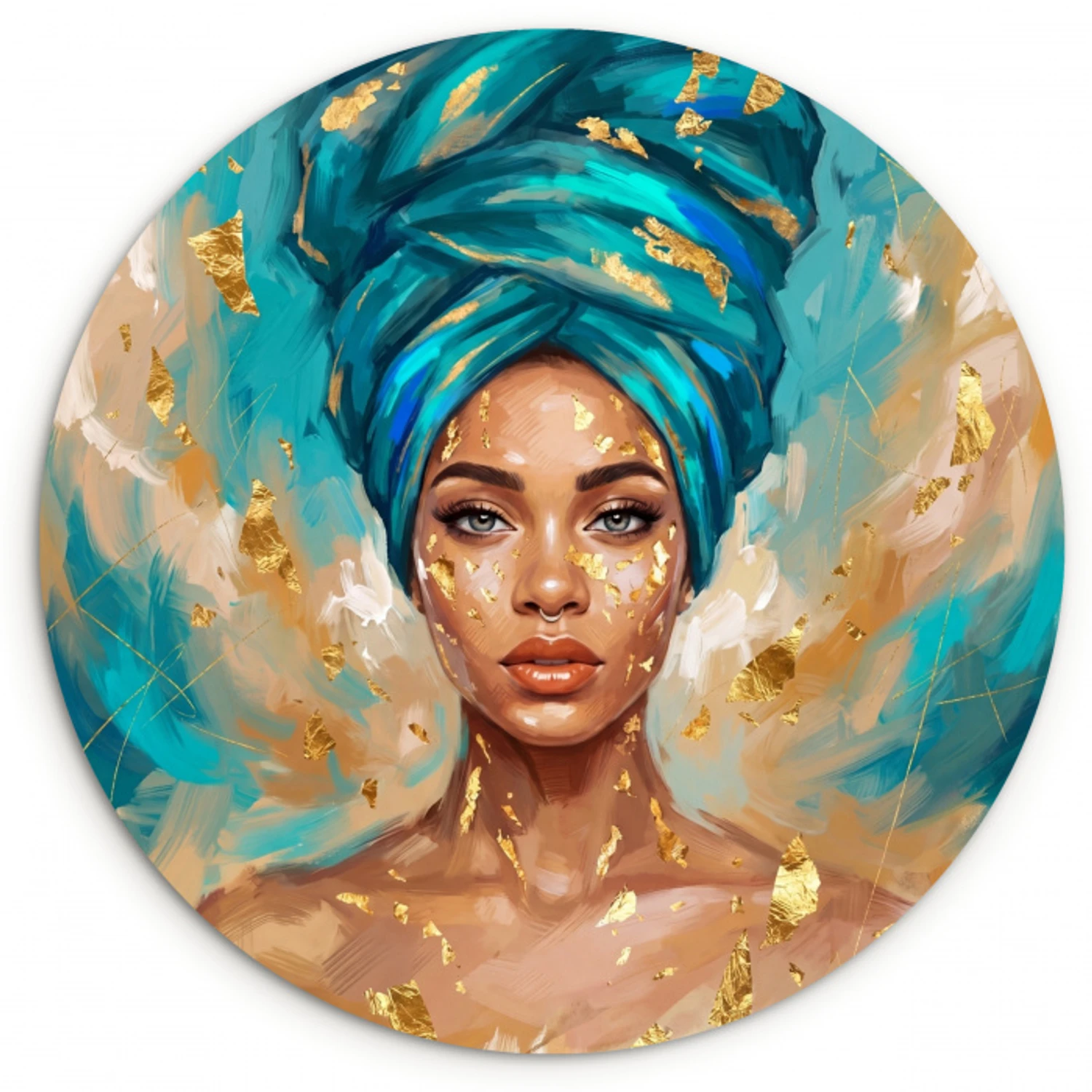 Portret - Vrouw - Schilderij - Blauw - Goud - Expressief Wandcirkel kunststof plaat 5mm dik klein -3d