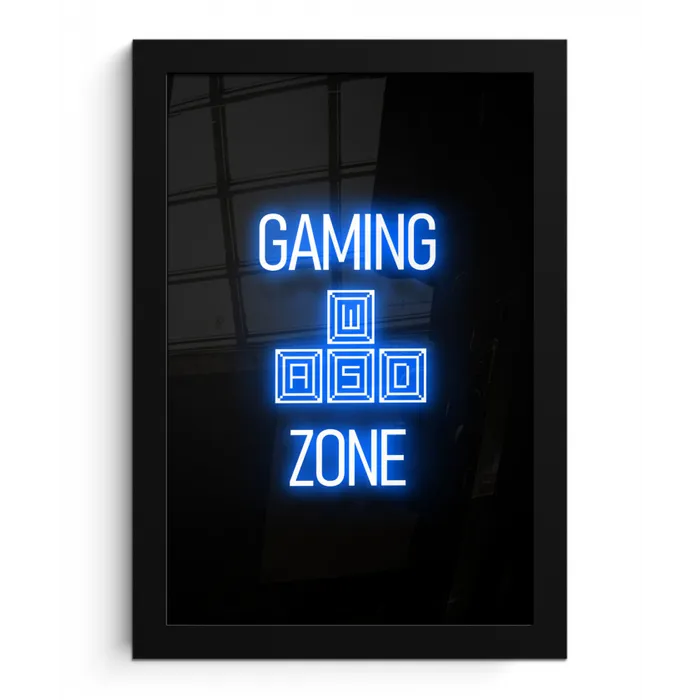 Gaming - Tekst - Gaming zone - Neon - Blauw fotolijst zwart zonder passe partout klein -3d