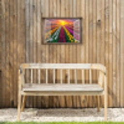 Doorkijk - Bloemen - Tulpen - Kleurrijk - Zonsondergang Tuinposter op houten frame 2 cm dik klein -sfeer4
