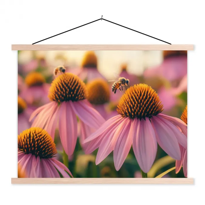 Bloemen - Paars - Bijen textielposter latten blank klein -3d