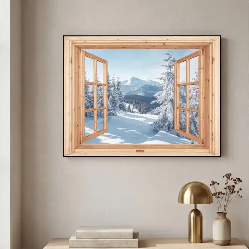Doorkijk - Winterlandschap - Natuur - Berg - Bomen - Hout Textielframe zwart klein -sfeer2