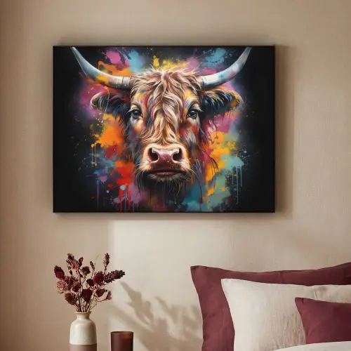 Graffiti - Schotse hooglander - Zwart - Koe Textielframe zwart klein -sfeer1