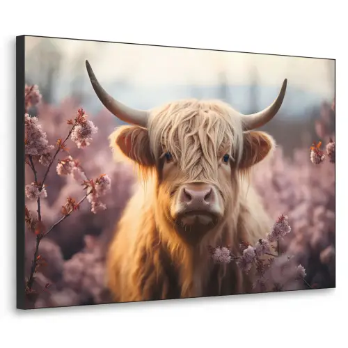 Schotse hooglander - Dieren portret - Bloemen - Dier Textielframe zwart klein -3d