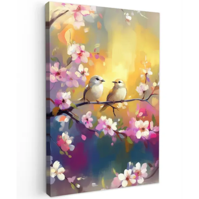 Vogels - Bloemen - Roze Tuinposter op houten frame 2 cm dik klein -3d