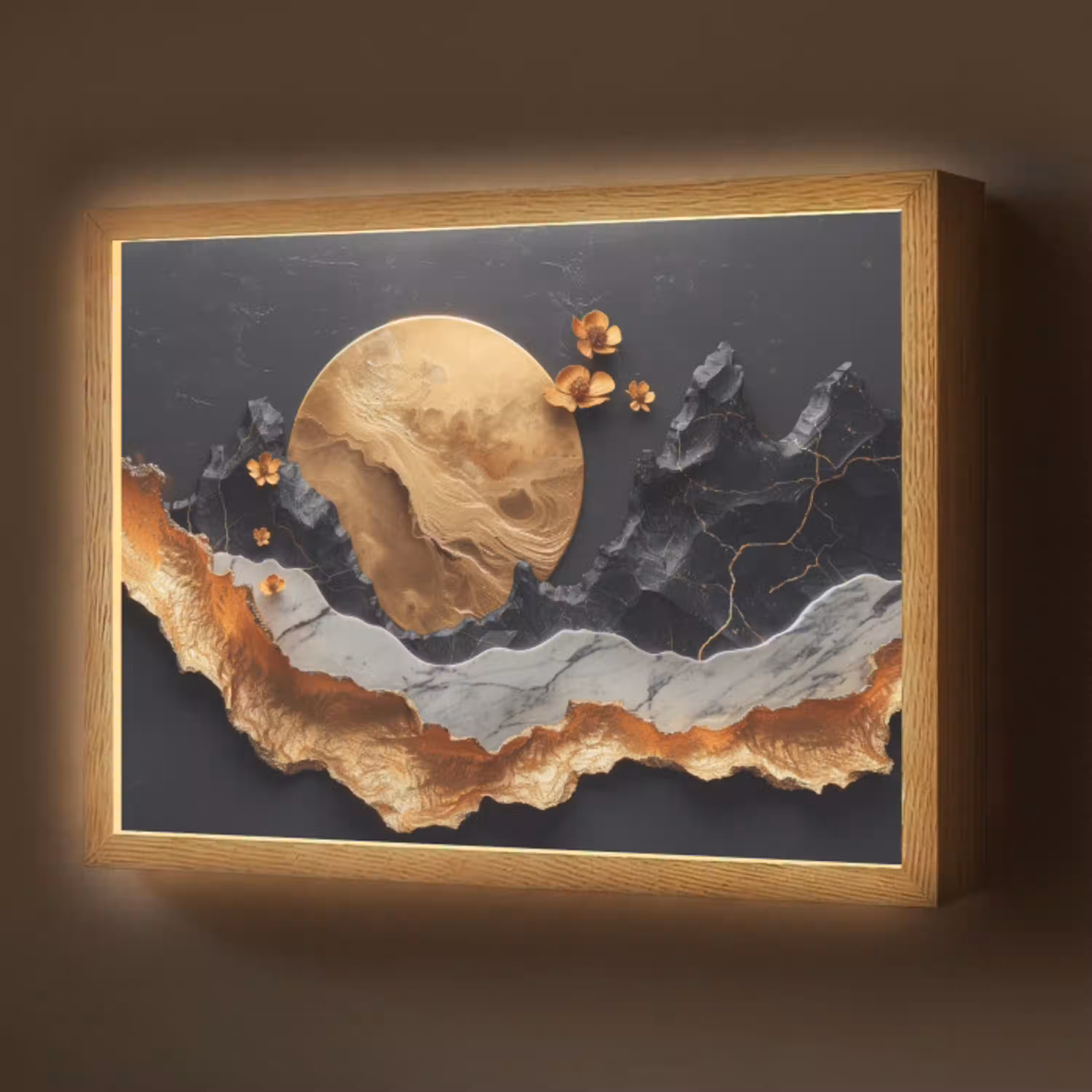 Kunst - Goud - Modern - Abstract Light Box met batterij (Wandlamp) middel -z3d_website