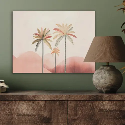 Palmbomen - Heuvels - Minimalistisch - Zachtroze PET vilt klein -sfeer2