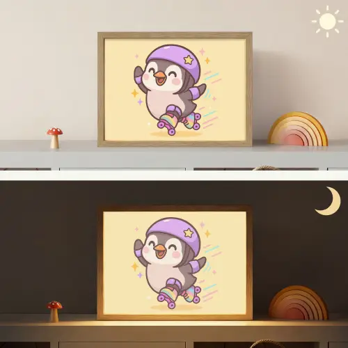 Pinguïn - Rolschaatsen - Geel - Energiek Light Box met batterij (Wandlamp kind) middel -sfeer3_kind