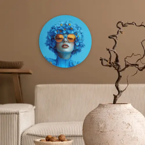 Vrouw - Bloem - Blauw - Modern - Bril - Portret Wandcirkel kunststof plaat 5mm dik klein -sfeer1