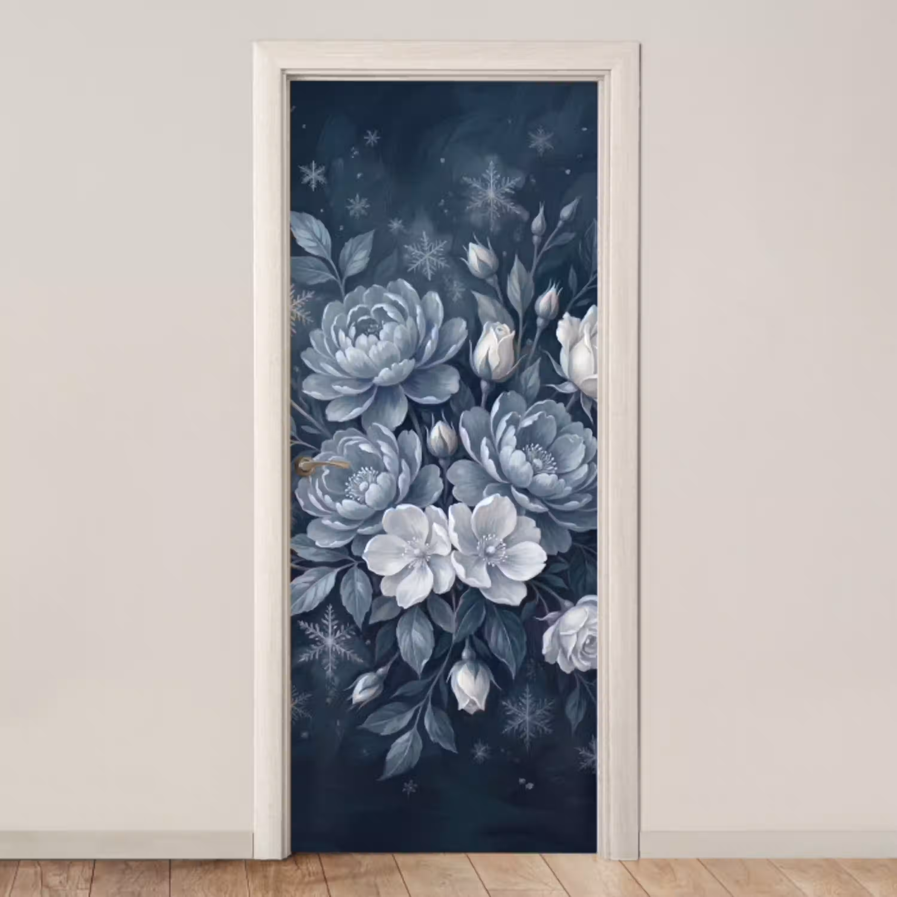 Bloemen - Boeket - Winter - Abstract - Blauw deurposter klein -3d_beige