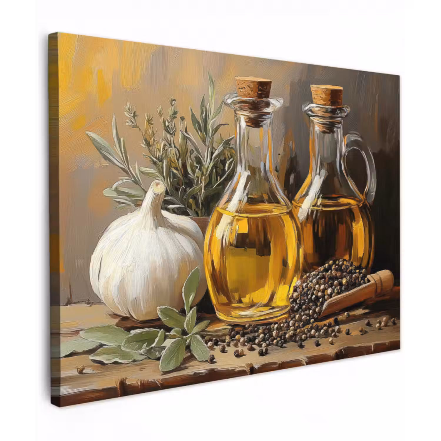 Canvas schilderij - Stilleven - Olijfolie - Knoflook - Kruiden