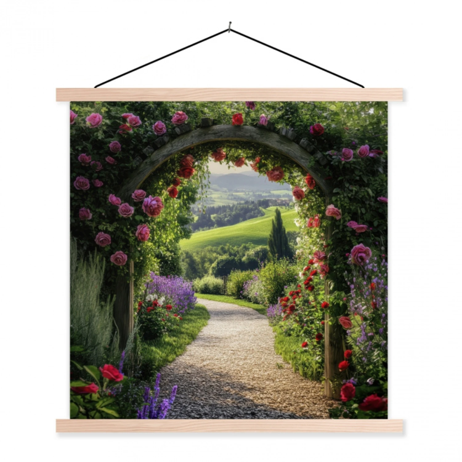 Doorkijk - Tuinboog - Bloemen - Natuur - Pad textielposter latten blank klein -3d