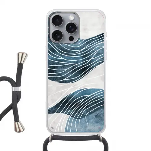 Lijnen - Golven - Abstract - Blauw Hoesje iPhone 16 Pro Max met koord klein -3d