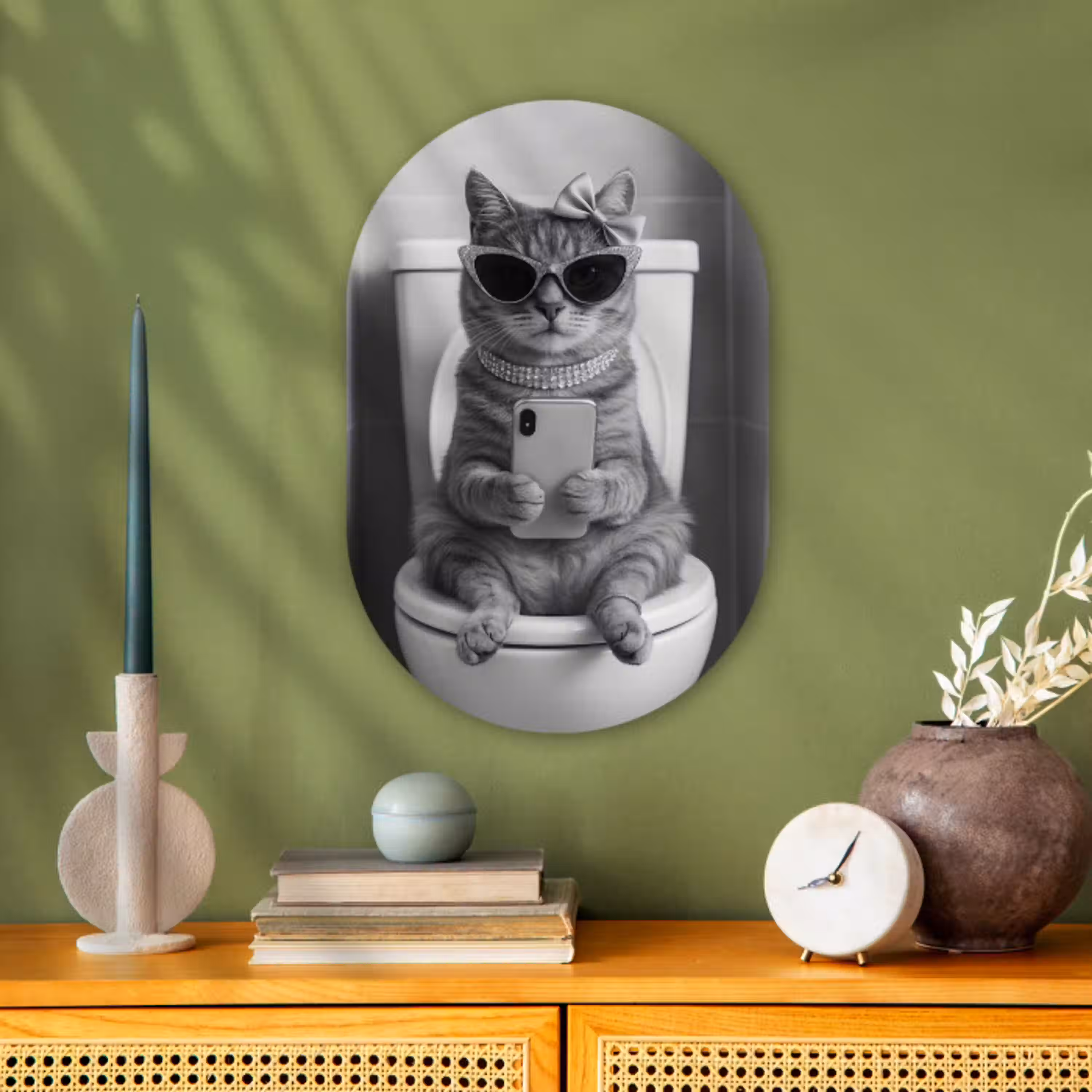 Kat - Telefoon - Toilet - Zwart - Wit Wandcirkel Ovaal Forex klein -sfeer2