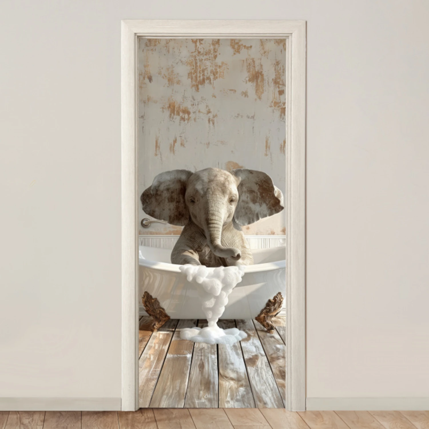 Vintage - Olifant - Badkuip - Schuim - Wilde dieren deurposter klein -3d_beige