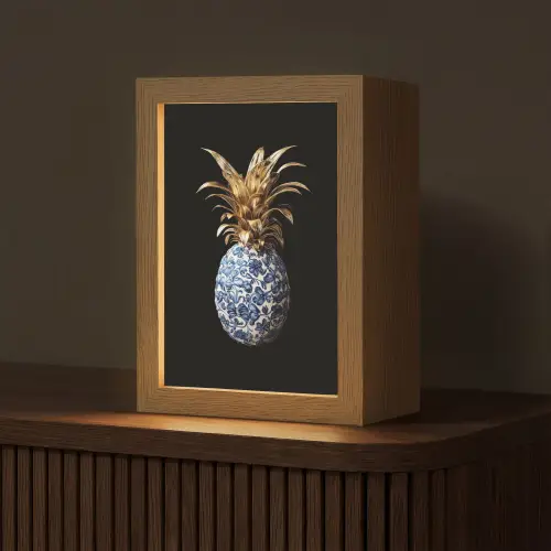 Ananas - Bloemen patroon - Goud - Delftsblauw Light Box met kabel (Tafellamp) klein -z3d_website