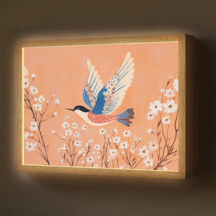 Vogel - Bloesemtakken - Warm - Kleurrijk Light Box met batterij (Wandlamp) middel -z3d_website