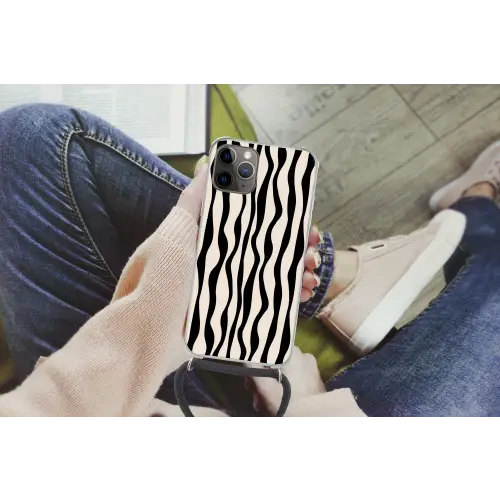 Golvende lijnen - Beige - Zwart - Abstract Hoesje iPhone 12 Pro met koord klein -hand