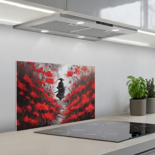 Rode bloemen - mistig - Man keuken achterwand spatscherm klein -3d_schuin