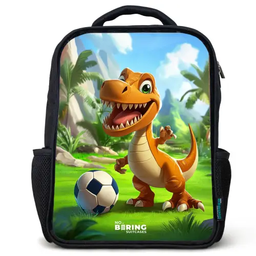 Dino met een voetbal in groen landschap Rugzak - Zwart middel -3d
