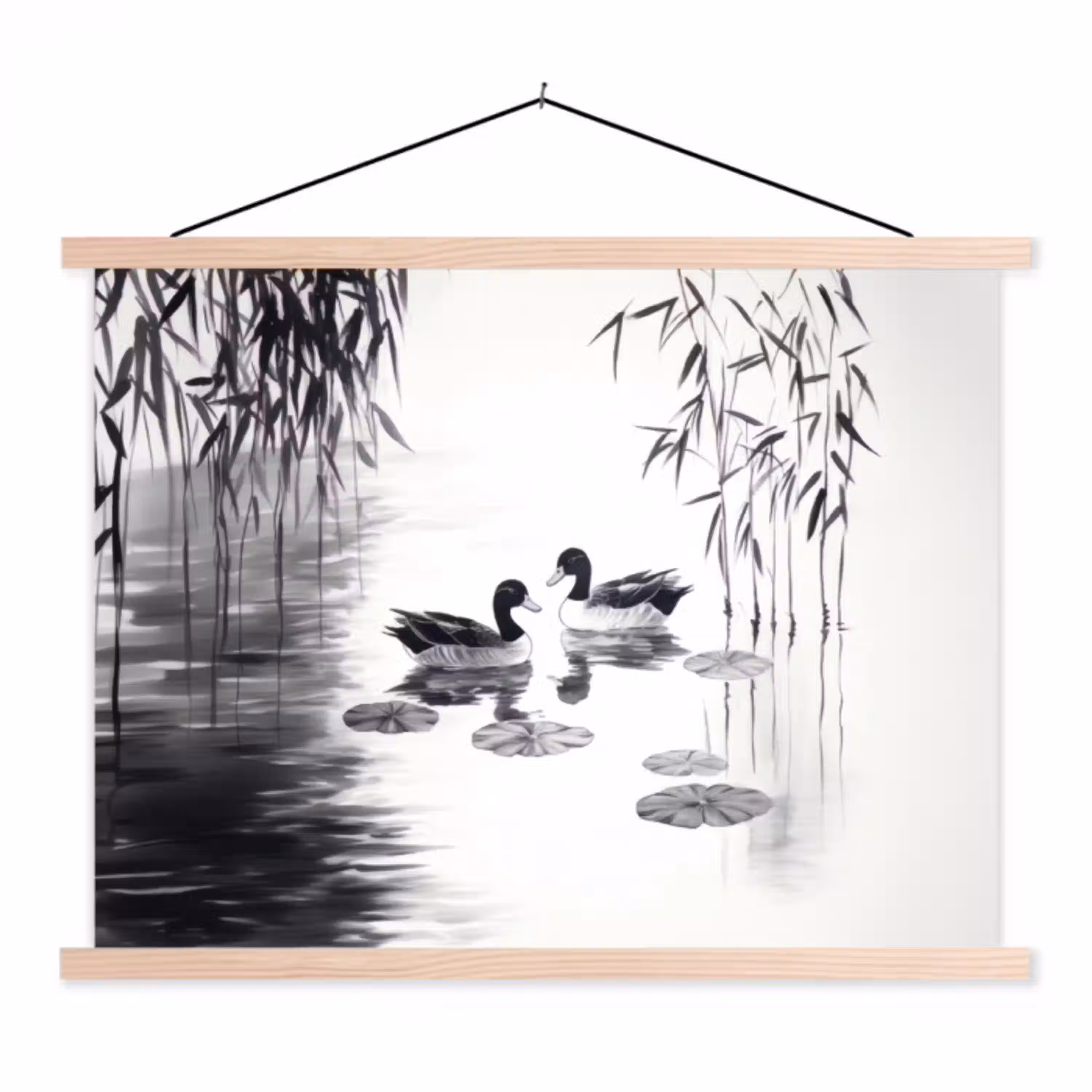 Eenden - Waterlelies - Riet - Zwart textielposter latten blank klein -3d
